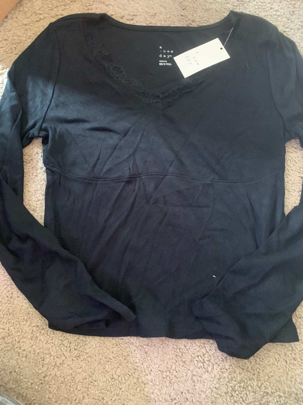 a new day Black Long Sleeve V-Neck Lace Trim Tee